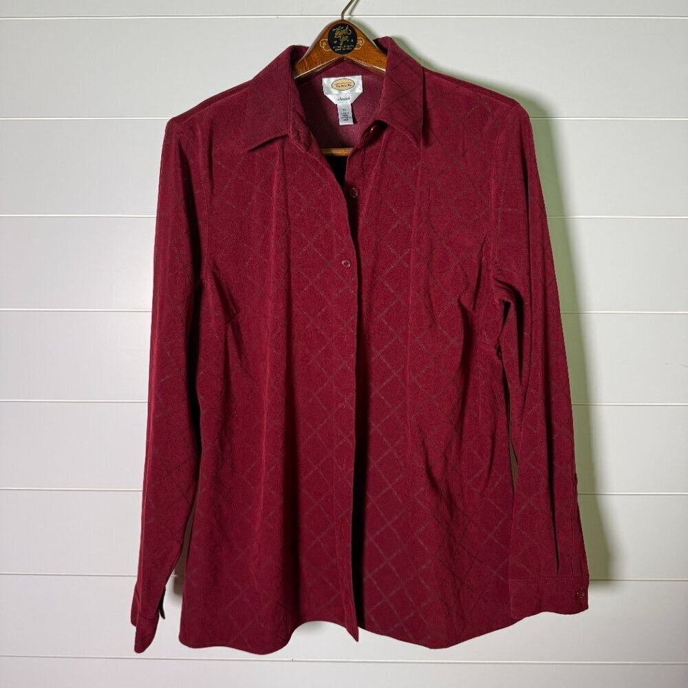 Talbots Long Sleeve Button Up Stretch Burgandy Faux Suede -Horse Bits in Design